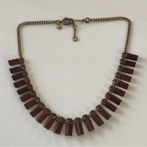 J.CREW MIXED PRISM NECKLACE BROWN GOLD Tone Wood Pyramid Faceted Crystals. - Picture 2 of 6